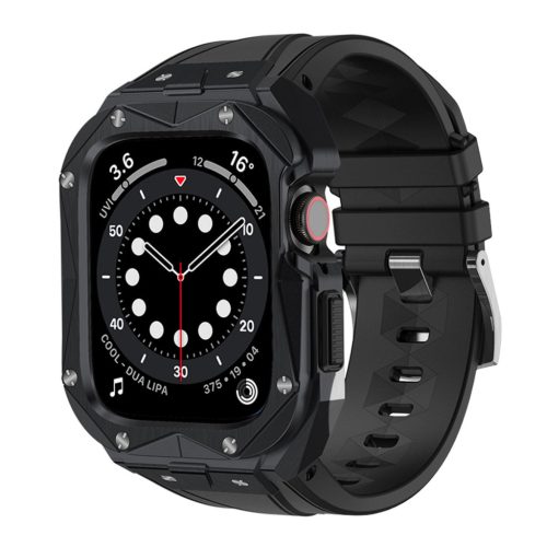 Kingxbar CYF140 2in1 Rugged Case for Apple Watch SE, 6, 5, 4 (44 mm) Stainless Steel with Strap Black