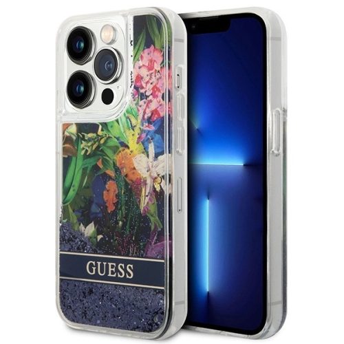 Guess GUHCP14LLFLSB iPhone 14 Pro 6.1 "blue / blue hardcase Flower Liquid Glitter