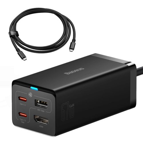 Baseus fast charger GaN5 Pro HUB HDMI 2 x USB-C / USB-A / HDMI 4K 30Hz 1.5m black + USB-C cable - USB-C 100W 40Gb/s (USB4) 1m (CCGP110201)