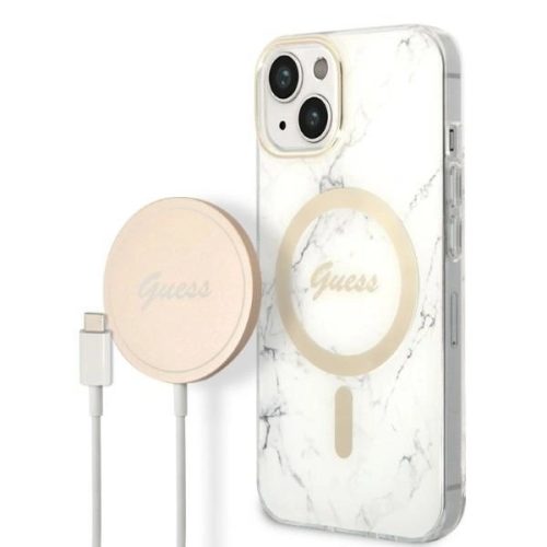 Set Guess GUBPP14MHMEACSH Case+ Charger iPhone 14 Plus 6.7" white/white hard case Marble MagSafe