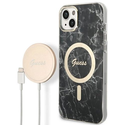 Set Guess GUBPP14MHMEACSK Case+ Charger iPhone 14 Plus 6.7" black/black hard case Marble MagSafe