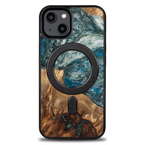 Wood and Resin Case for iPhone 14 MagSafe Bewood Unique Planet Earth - Blue-Green