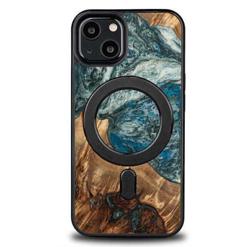 Wood and Resin Case for iPhone 13 Mini MagSafe Bewood Unique Planet Earth - Blue-Green