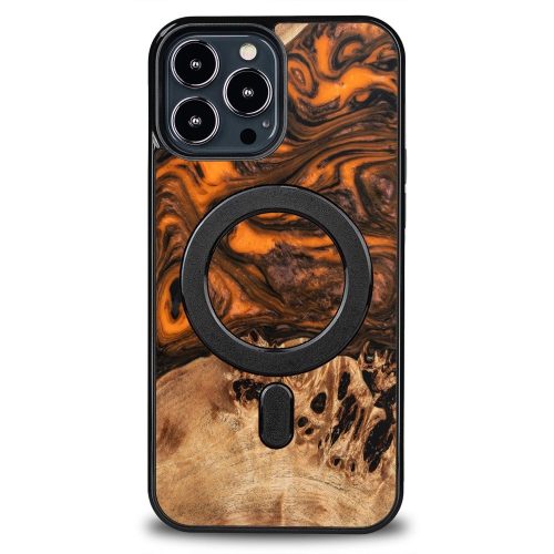 Wood and Resin Case for iPhone 13 Pro Max MagSafe Bewood Unique Orange - Orange and Black