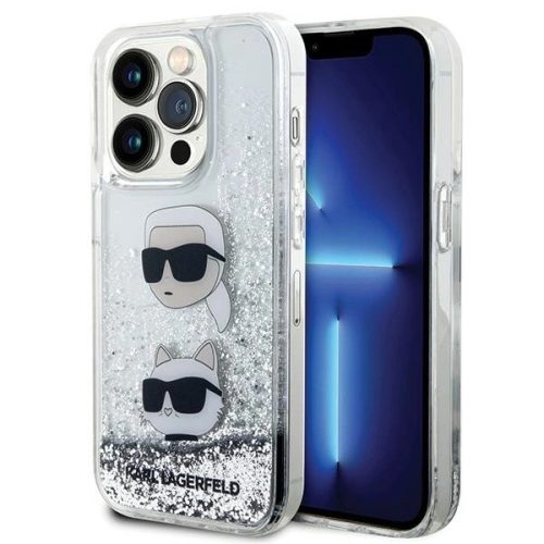 Karl Lagerfeld KLHCP14LLDHKCNS case for iPhone 14 Pro - silver Liquid Glitter Karl&Choupette Heads