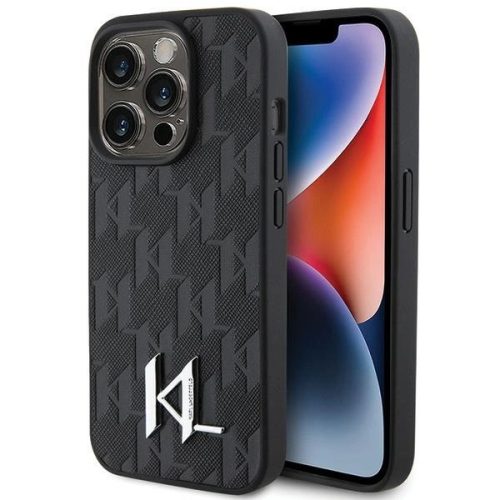 Karl Lagerfeld Leather Monogram Hot Stamp Metal Logo case for iPhone 15 Pro - black