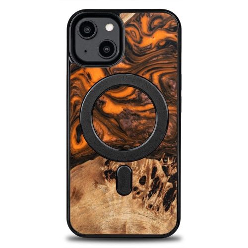 Wood and resin case for iPhone 15 Plus MagSafe Bewood Unique Orange - orange and black