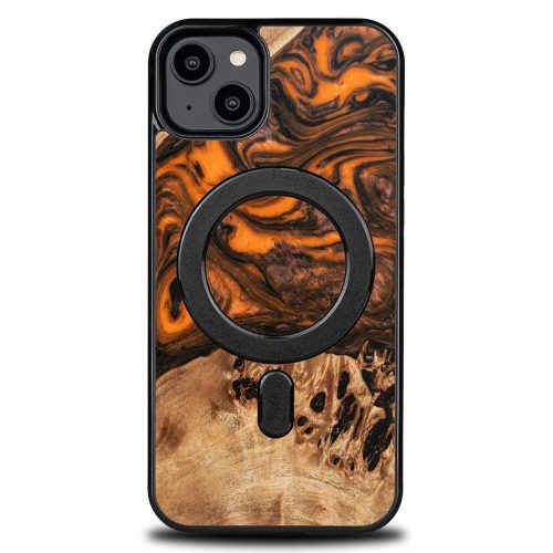 Wood and resin case for iPhone 15 Plus MagSafe Bewood Unique Orange - orange and black