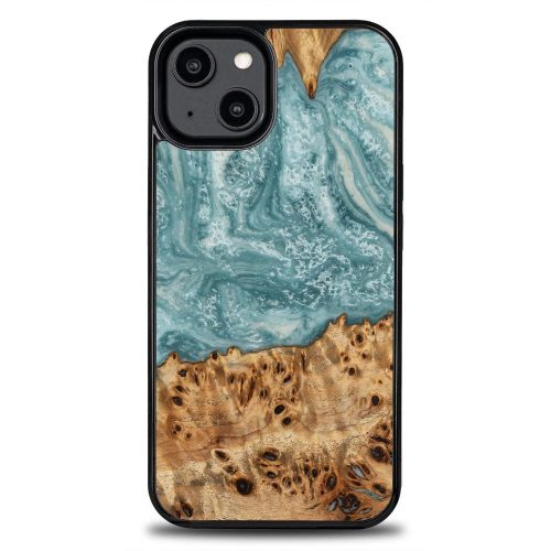 Wood and resin case for iPhone 15 Plus Bewood Unique Uranus - blue and white