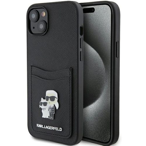 Karl Lagerfeld Saffiano Cardslot Karl&Choupette Metal Pin case for iPhone 15 - black