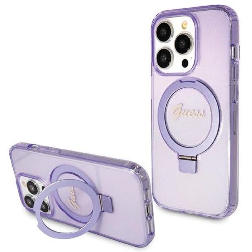 Guess Ring Stand Script Glitter MagSafe case for iPhone 15 Pro - purple