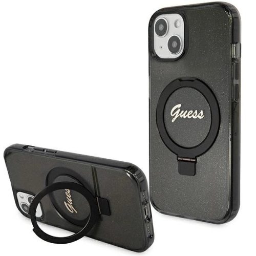 Guess Ring Stand Script Glitter MagSafe Case for iPhone 15 Plus / 14 Plus - Black