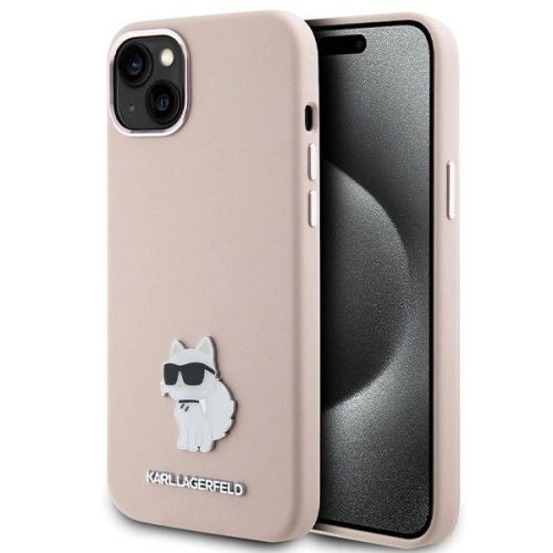 Karl Lagerfeld Silicone Choupette Metal Pin case for iPhone 15 - pink