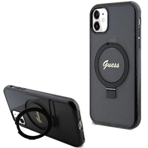 Guess Ring Stand Script Glitter MagSafe case for iPhone 11 / Xr - black