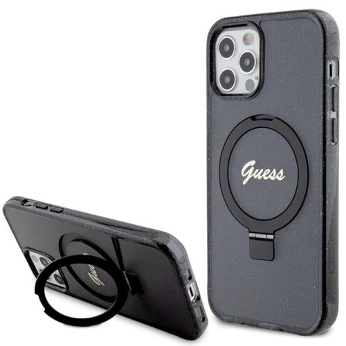 Guess Ring Stand Script Glitter MagSafe case for iPhone 12/12 Pro - black