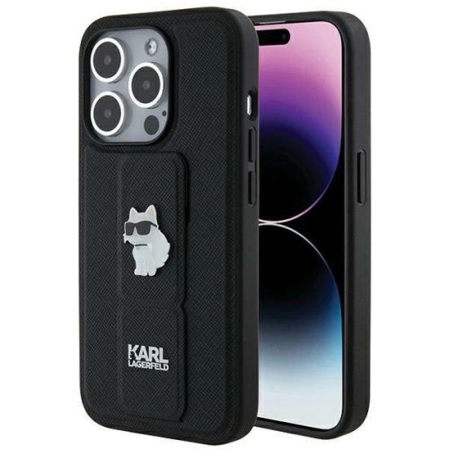 Karl Lagerfeld Gripstand Saffiano Choupette Pins case for iPhone 14 Pro Max - black