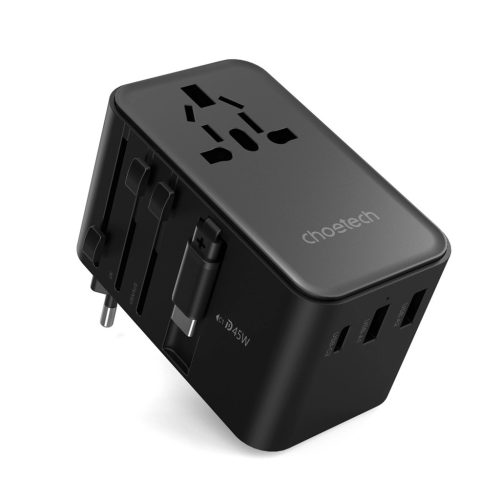 Choetech PD5021 45W EU/US/AUS/UK Travel Adapter with Built-in USB-C Cable - Black