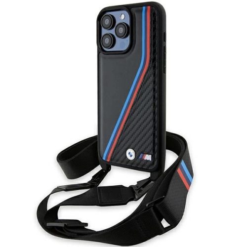 BMW M Edition Carbon Tricolor Lines & Strap case for iPhone 15 Pro Max - black