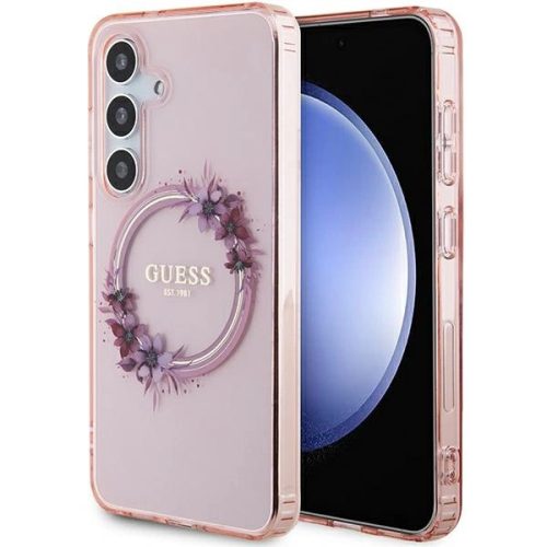 Guess IML Flowers Wreath MagSafe case for Samsung Galaxy S24 - pink