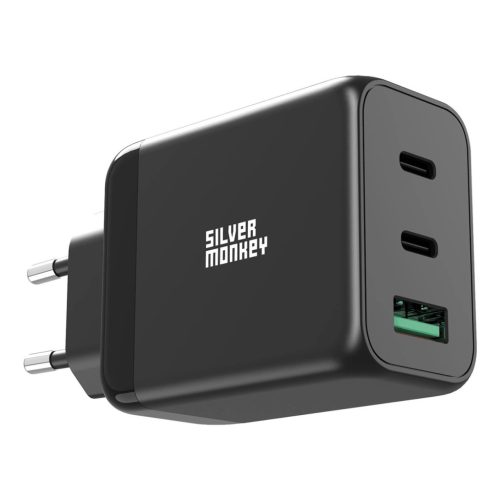 Silver Monkey GaN 65W wall charger 2x USB-C PD 1x USB-A QC 3.0 - black