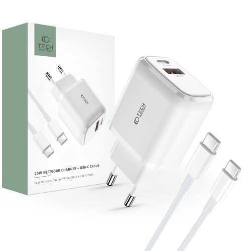 Tech-Protect C20W USB-C PD 20W / USB-A QC 3.0 network charger with USB-C / USB-C cable - white