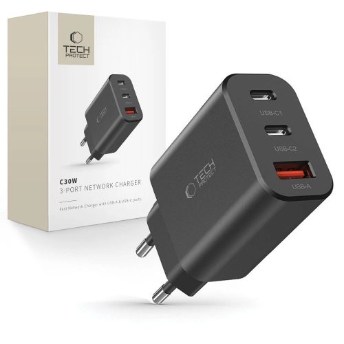 Tech-Protect NC30W network charger 2x USB-C PD 30W / USB-A QC 3.0 - black