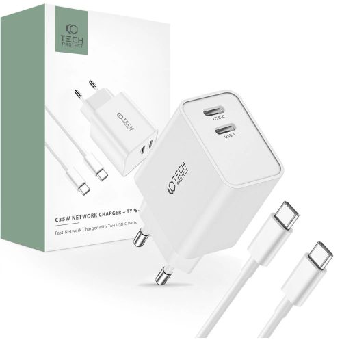 Tech-Protect C35W 2x USB-C PD 35W network charger with USB-C / USB-C cable - white