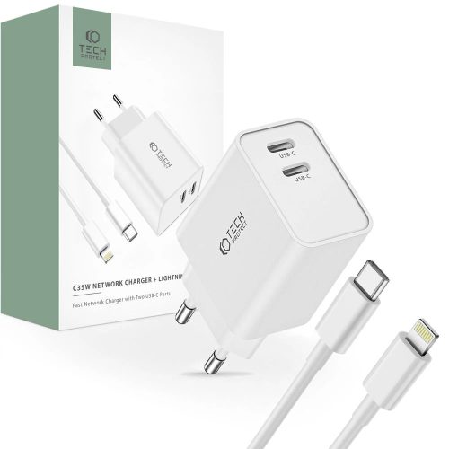 Tech-Protect C35W 2x USB-C PD 35W network charger with USB-C / Lightning cable - white