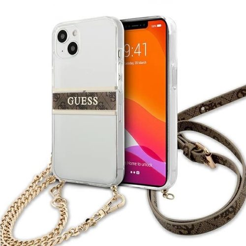 Guess GUHCP13SKC4GBGO iPhone 13 mini 5.4" Transparent hardcase 4G Brown Strap Gold Chain