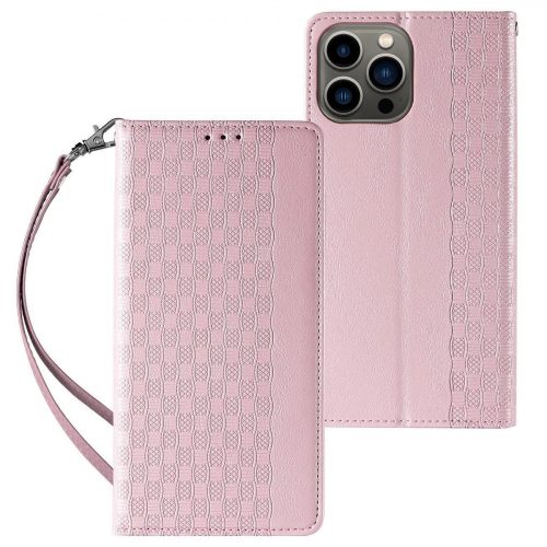 Magnet Strap Case Case for iPhone 14 Plus Flip Wallet Mini Lanyard Stand Pink