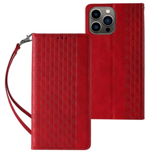 Magnet Strap Case iPhone 14 Pro Case with Flip Wallet Mini Lanyard Stand Red