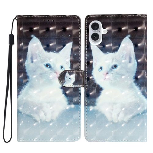 For iPhone 16 Case PU Leather 3D Pattern Printing Phone Wallet Cover - White Cat