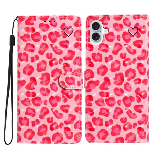 For iPhone 16 Case PU Leather 3D Pattern Printing Phone Wallet Cover - Pink Leopard Print