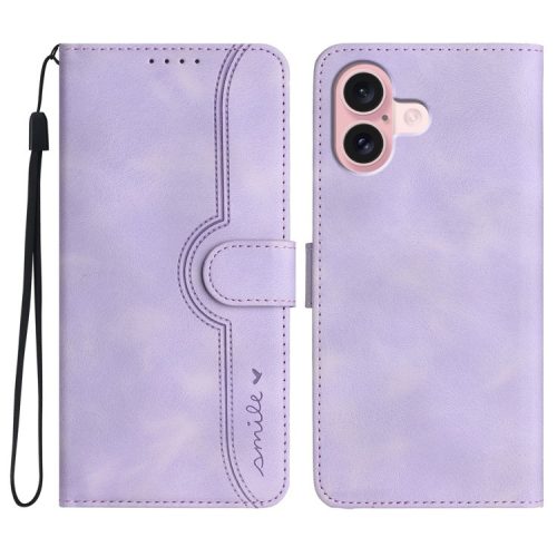 YX0030 For iPhone 16 Case Smile Letter Wallet Leather Flip Phone Cover - Light Purple