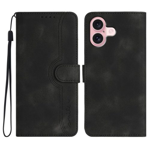 YX0030 For iPhone 16 Case Smile Letter Wallet Leather Flip Phone Cover - Black