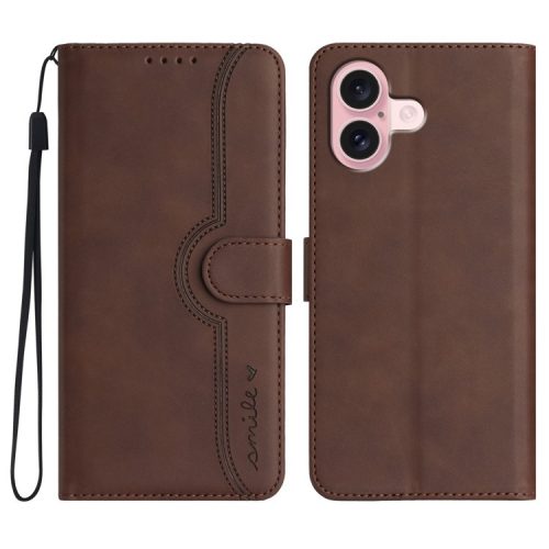 YX0030 For iPhone 16 Case Smile Letter Wallet Leather Flip Phone Cover - Coffee