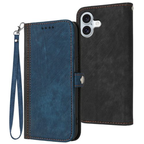 YX0020 For iPhone 16 Case with Hand Strap PU Leather Wallet Phone Cover - Sapphire