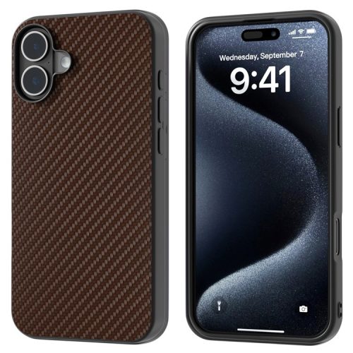 ABEEL For iPhone 16 Case Carbon Fiber Texture PU Covered Phone Shell - Brown