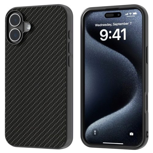 ABEEL For iPhone 16 Case Carbon Fiber Texture PU Covered Phone Shell - Black