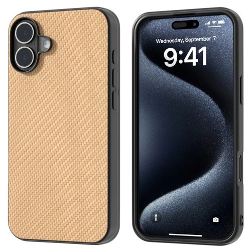 ABEEL For iPhone 16 Case Carbon Fiber Texture PU Covered Phone Shell - Light Yellow