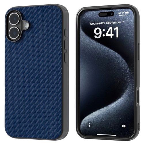 ABEEL For iPhone 16 Case Carbon Fiber Texture PU Covered Phone Shell - Blue