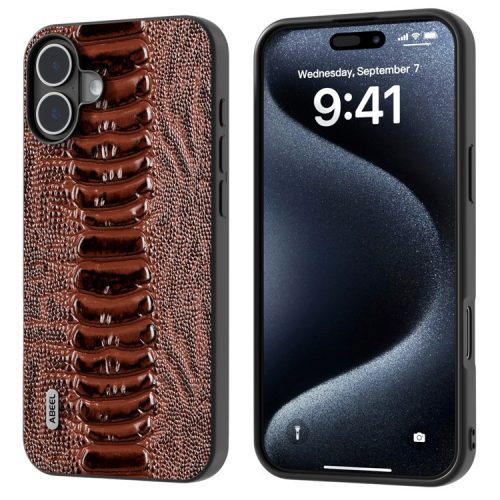 ABEEL For iPhone 16 Case Crocodile Texture Genuine Cow Leather Coated Phone Cover - Coffee