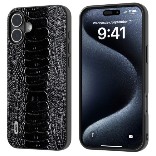 ABEEL For iPhone 16 Case Crocodile Texture Genuine Cow Leather Coated Phone Cover - Black