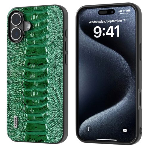 ABEEL For iPhone 16 Case Crocodile Texture Genuine Cow Leather Coated Phone Cover - Green