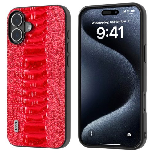 ABEEL For iPhone 16 Case Crocodile Texture Genuine Cow Leather Coated Phone Cover - Red