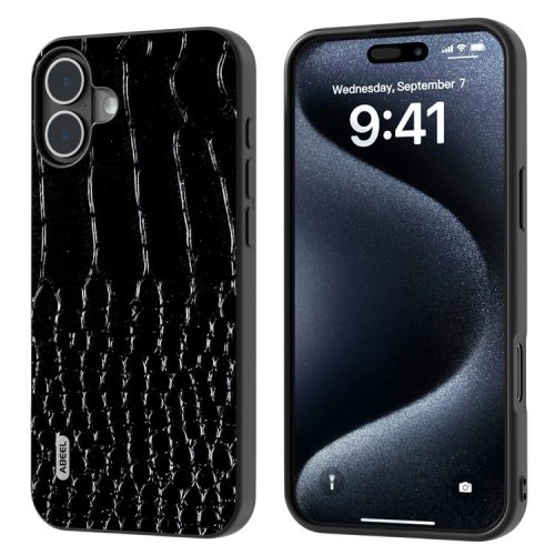 ABEEL For iPhone 16 Case Crocodile Texture Genuine Cow Leather Coated PC+TPU Phone Cover - Black