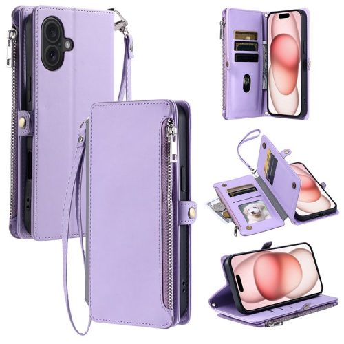 015 Style For iPhone 16 Case Anti-Scratch Card Slots Leather Phone Cover with Straps - Purple