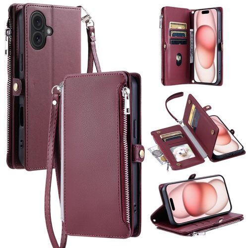 015 Style For iPhone 16 Case Anti-Scratch Card Slots Leather Phone Cover with Straps - Wine Red