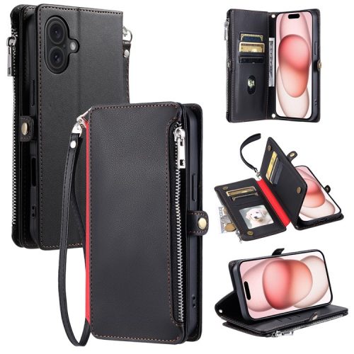 015 Style For iPhone 16 Case Anti-Scratch Card Slots Leather Phone Cover with Straps - Black