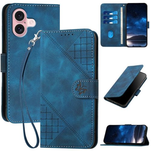 YX0080 For iPhone 16 Case Butterfly Imprint Leather Wallet Phone Cover - Sapphire